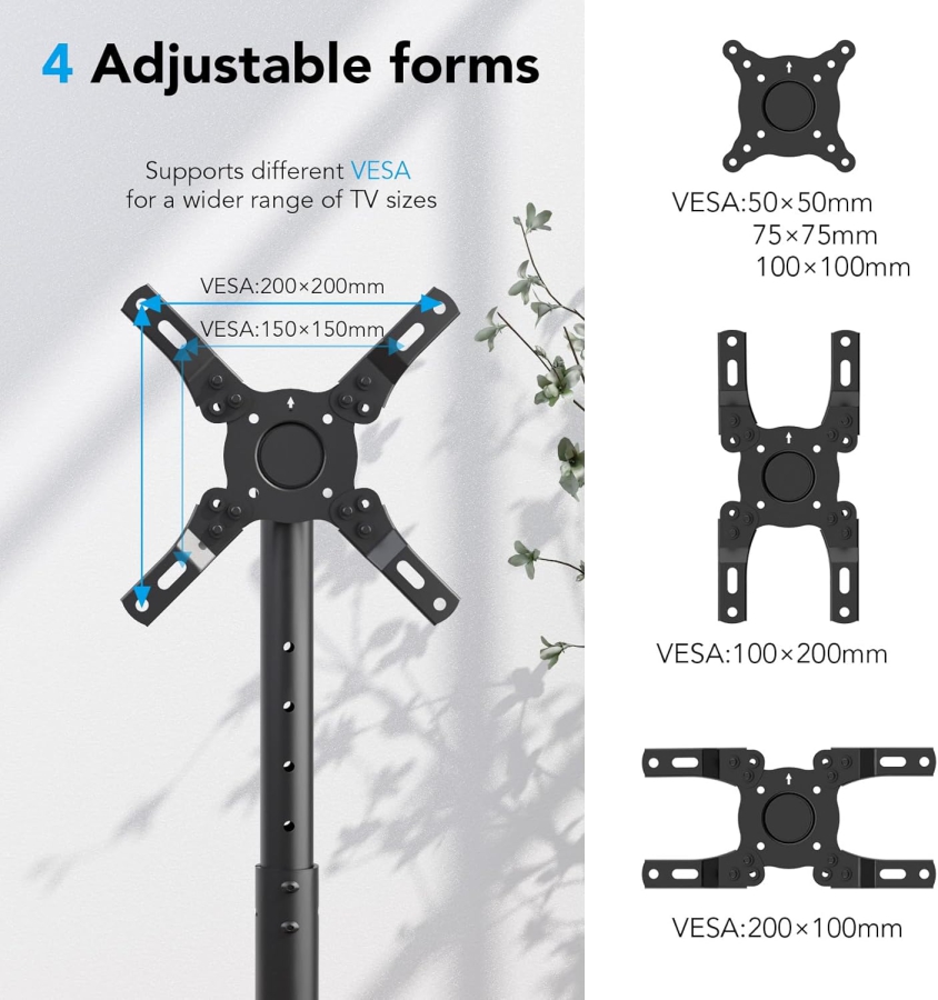 AX WABER Mobiler TV-Ständer für 13–50 Zoll Fernseher (Höhenverstellbar) (Flexibler TV-Rollwagen mit 8-stufiger Höhenverstellung und Neigungswinkel für LCD/LED/OLED.)