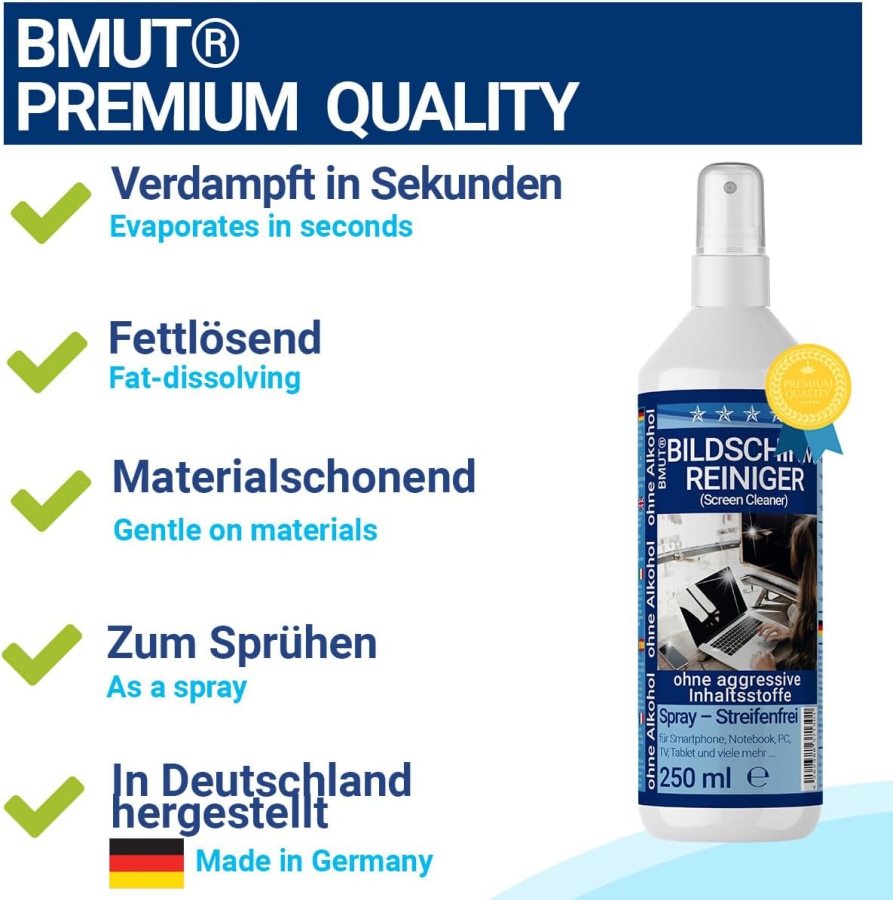 BMUT Premium Bildschirmreiniger Set (250ml) inkl. XXL Mikrofasertuch & Pinsel (Made in Germany: Streifenfreie Reinigung für LCD, OLED, TV & Handys – Alkoholfrei gegen Fingerabdrücke.)
