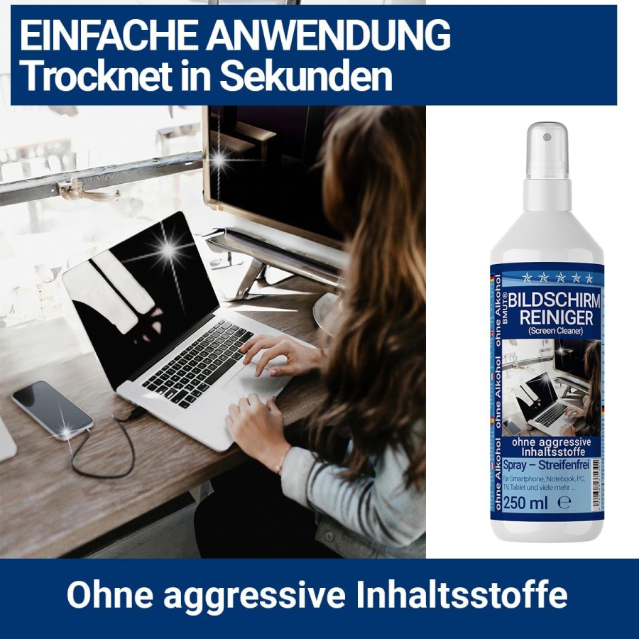 BMUT Premium Bildschirmreiniger Set (250ml) inkl. XXL Mikrofasertuch & Pinsel (Made in Germany: Streifenfreie Reinigung für LCD, OLED, TV & Handys – Alkoholfrei gegen Fingerabdrücke.)