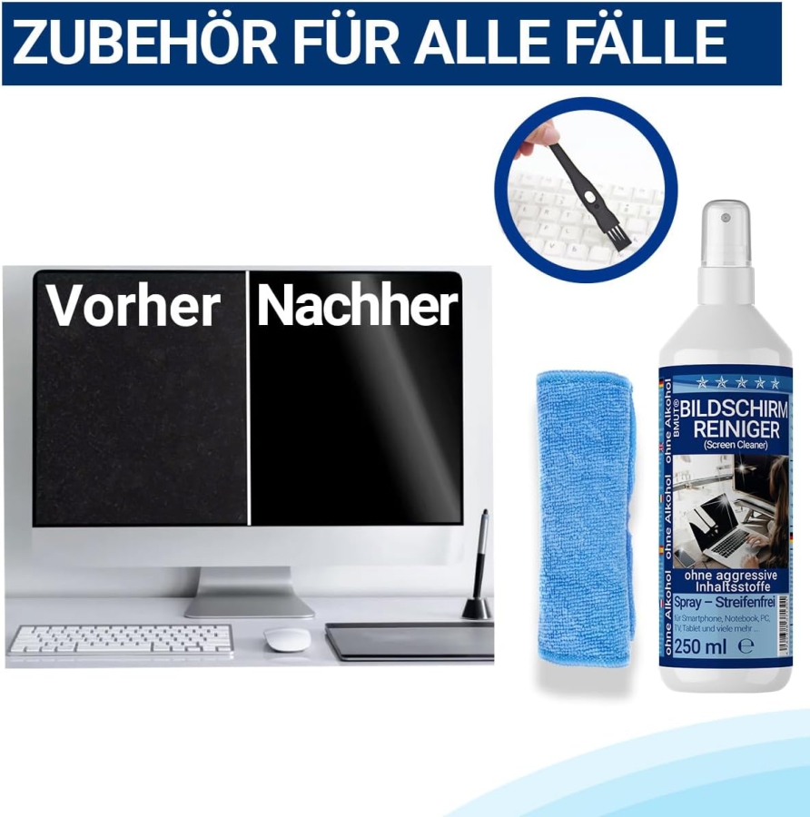 BMUT Premium Bildschirmreiniger Set (250ml) inkl. XXL Mikrofasertuch & Pinsel (Made in Germany: Streifenfreie Reinigung für LCD, OLED, TV & Handys – Alkoholfrei gegen Fingerabdrücke.)