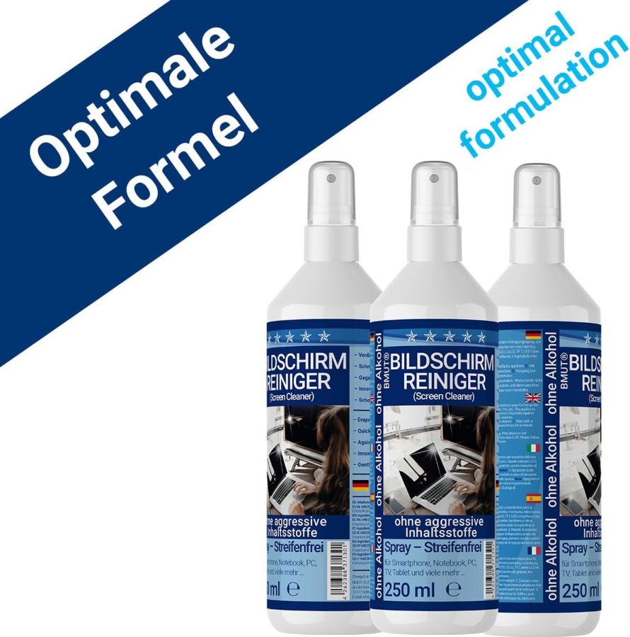 BMUT Premium Bildschirmreiniger Set (250ml) inkl. XXL Mikrofasertuch & Pinsel (Made in Germany: Streifenfreie Reinigung für LCD, OLED, TV & Handys – Alkoholfrei gegen Fingerabdrücke.)