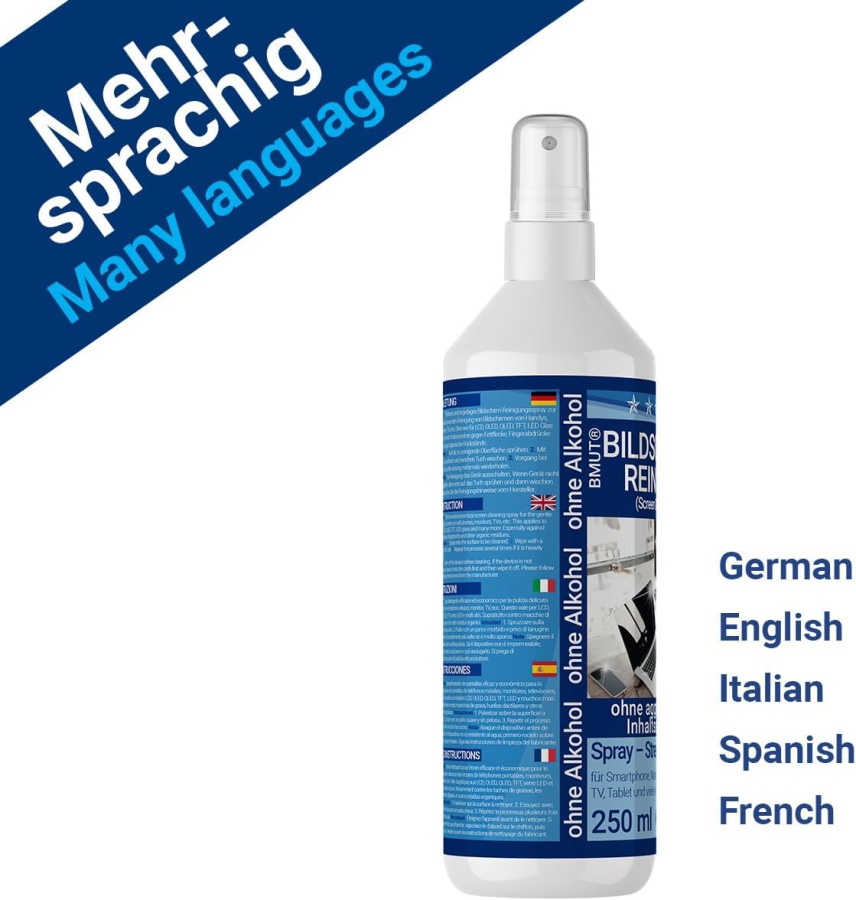 BMUT Premium Bildschirmreiniger Set (250ml) inkl. XXL Mikrofasertuch & Pinsel (Made in Germany: Streifenfreie Reinigung für LCD, OLED, TV & Handys – Alkoholfrei gegen Fingerabdrücke.)