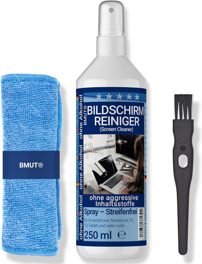 BMUT Premium Bildschirmreiniger Set (250ml) inkl. XXL Mikrofasertuch & Pinsel (Made in Germany: Streifenfreie Reinigung für LCD, OLED, TV & Handys – Alkoholfrei gegen Fingerabdrücke.)