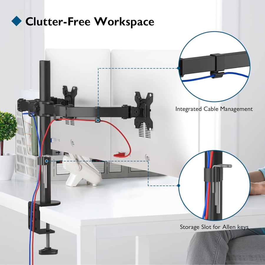BONTEC Monitor Halterung 2 Monitore für 13-27 Zoll Flach & Curved Bildschirm, Monitor Tischhalterung Höhenverstellbar Neigbar Schwenkbar Drehungbar, 10 kg pro Arm, VESA 75x75 / 100x100, Schwarz