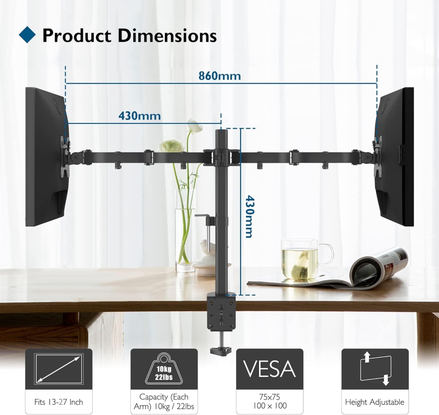 BONTEC Monitor Halterung 2 Monitore für 13-27 Zoll Flach & Curved Bildschirm, Monitor Tischhalterung Höhenverstellbar Neigbar Schwenkbar Drehungbar, 10 kg pro Arm, VESA 75x75 / 100x100, Schwarz