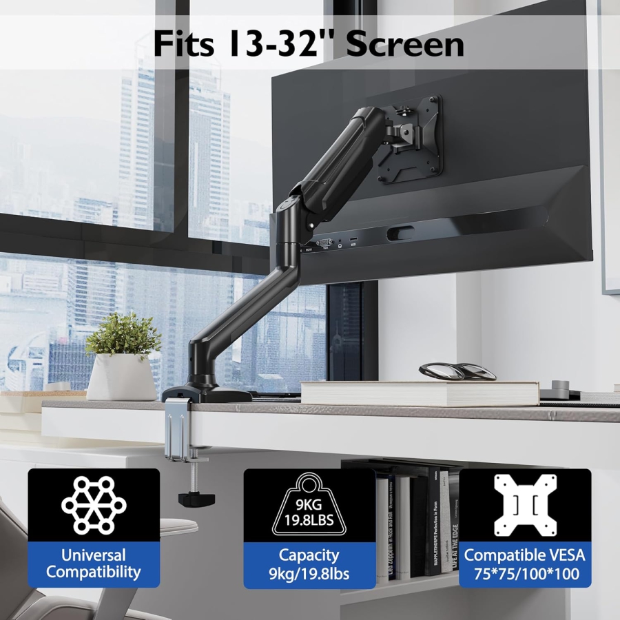 BONTEC Monitor Halterung für 13-32 Zoll Bildschirm Hält 3-9 kg, Gasdruckfeder Arm, Neigbar, Schwenkbar, Drehbar, Ergonomischer Bildschirmhalterung 1 Monitor mit Kabelführung, VESA 75/100mm