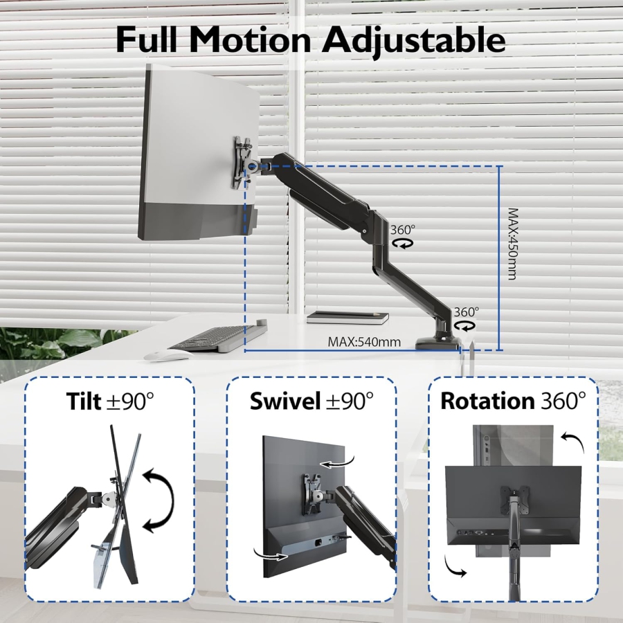 BONTEC Monitor Halterung für 13-32 Zoll Bildschirm Hält 3-9 kg, Gasdruckfeder Arm, Neigbar, Schwenkbar, Drehbar, Ergonomischer Bildschirmhalterung 1 Monitor mit Kabelführung, VESA 75/100mm