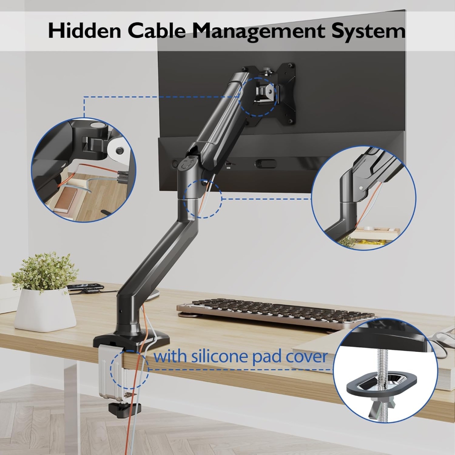 BONTEC Monitor Halterung für 13-32 Zoll Bildschirm Hält 3-9 kg, Gasdruckfeder Arm, Neigbar, Schwenkbar, Drehbar, Ergonomischer Bildschirmhalterung 1 Monitor mit Kabelführung, VESA 75/100mm