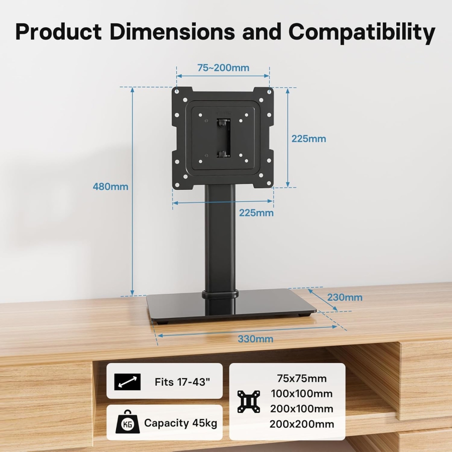 BONTEC TV & Monitor Standfuß für 17–43 Zoll (Schwenkbar & Höhenverstellbar) (Robuster Tischständer mit Glasfuß für Geräte bis 45 kg – VESA max. 200x200 mm)