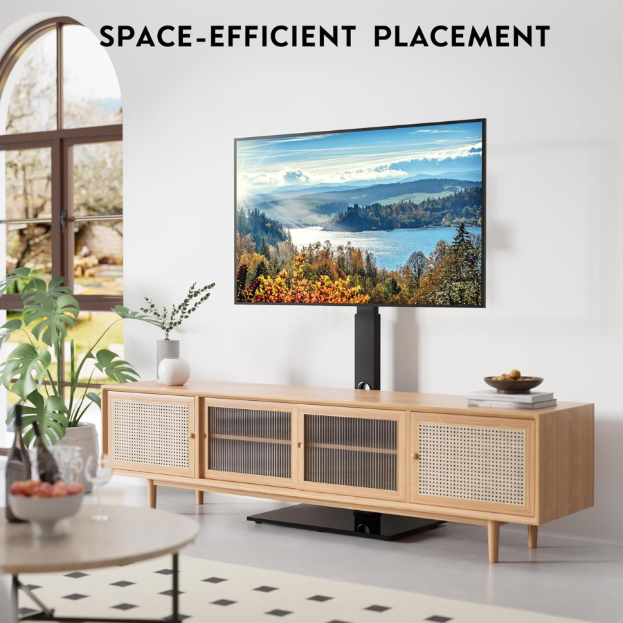 BONTEC TV Bodenständer für 30–70 Zoll Fernseher (Schwenkbar & Höhenverstellbar) (Freistehender TV-Halter mit 8mm Glasfuß für Flach- & Curved-TVs bis 40 kg – VESA max. 600x400 mm)