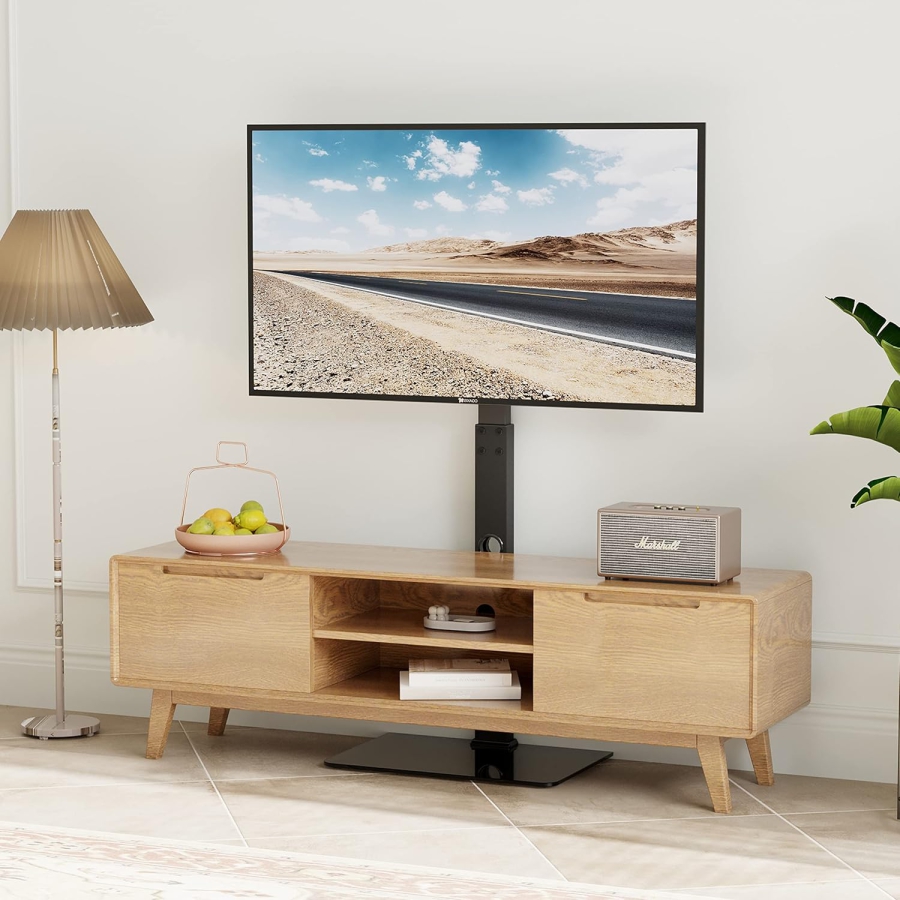 BONTEC TV Bodenständer für 30–70 Zoll Fernseher (Schwenkbar & Höhenverstellbar) (Freistehender TV-Halter mit 8mm Glasfuß für Flach- & Curved-TVs bis 40 kg – VESA max. 600x400 mm)