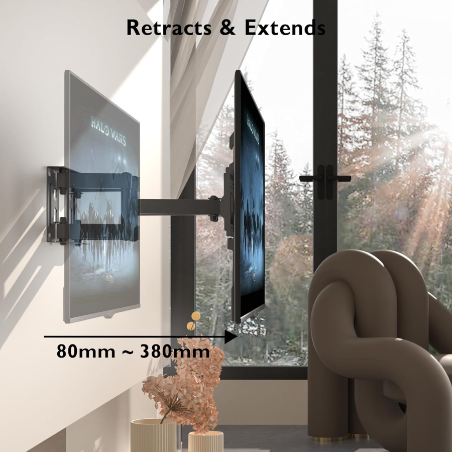 BONTEC TV Wandhalterung Schwenkbar & Neigbar für 23-70 Zoll Fernseher (Max. 45 kg) (Full Motion Doppelarm-Halterung – VESA bis 400x400, Ausziehbar bis 38 cm.)