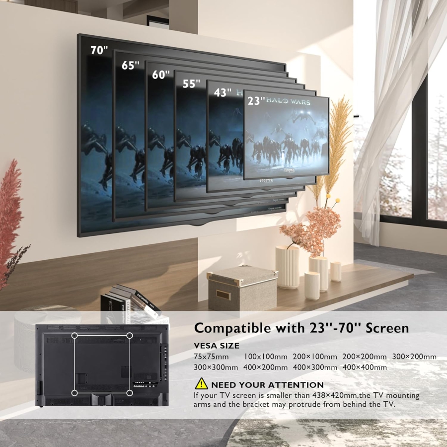 BONTEC TV Wandhalterung Schwenkbar & Neigbar für 23-70 Zoll Fernseher (Max. 45 kg) (Full Motion Doppelarm-Halterung – VESA bis 400x400, Ausziehbar bis 38 cm.)