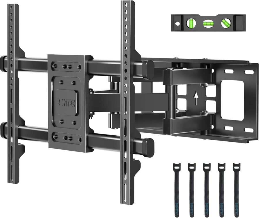 BONTEC TV Wandhalterung Schwenkbar & Neigbar für 32-85 Zoll (Max. 60 kg) (Stabile Doppelarm-Halterung für Flach- & Curved-TVs – VESA 600x400, Ausziehbar bis 39 cm.)