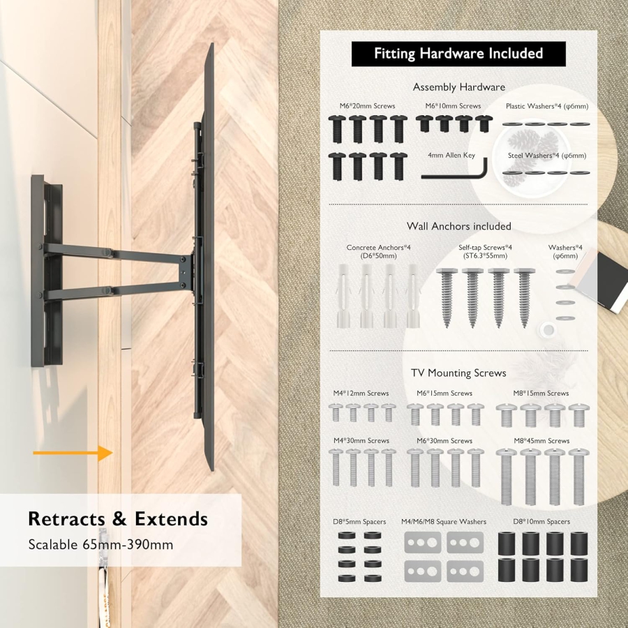 BONTEC TV Wandhalterung Schwenkbar & Neigbar für 32-85 Zoll (Max. 60 kg) (Stabile Doppelarm-Halterung für Flach- & Curved-TVs – VESA 600x400, Ausziehbar bis 39 cm.)