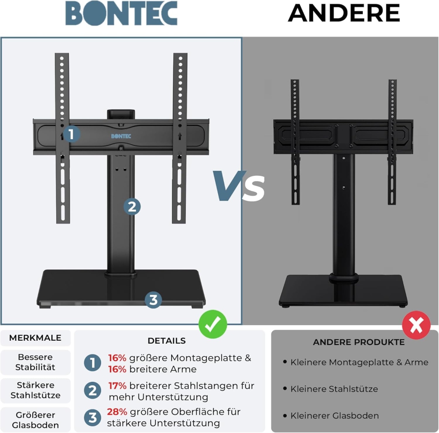 BONTEC Universal TV Ständer für 24–60 Zoll Fernseher (Schwenkbar & Höhenverstellbar) (Stabiler Fernsehständer mit 8mm Sicherheitsglasboden für TVs bis 45 kg – VESA max. 400x400 mm)