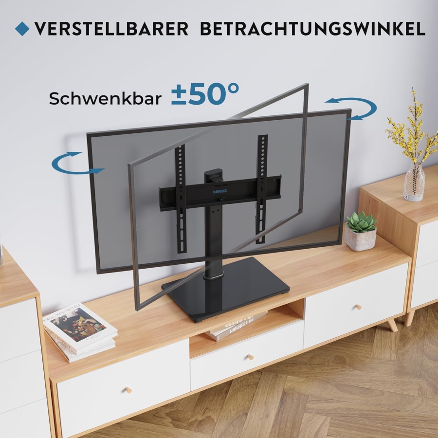 BONTEC Universal TV Ständer für 24–60 Zoll Fernseher (Schwenkbar & Höhenverstellbar) (Stabiler Fernsehständer mit 8mm Sicherheitsglasboden für TVs bis 45 kg – VESA max. 400x400 mm)