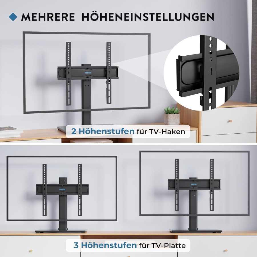 BONTEC Universal TV Ständer für 24–60 Zoll Fernseher (Schwenkbar & Höhenverstellbar) (Stabiler Fernsehständer mit 8mm Sicherheitsglasboden für TVs bis 45 kg – VESA max. 400x400 mm)