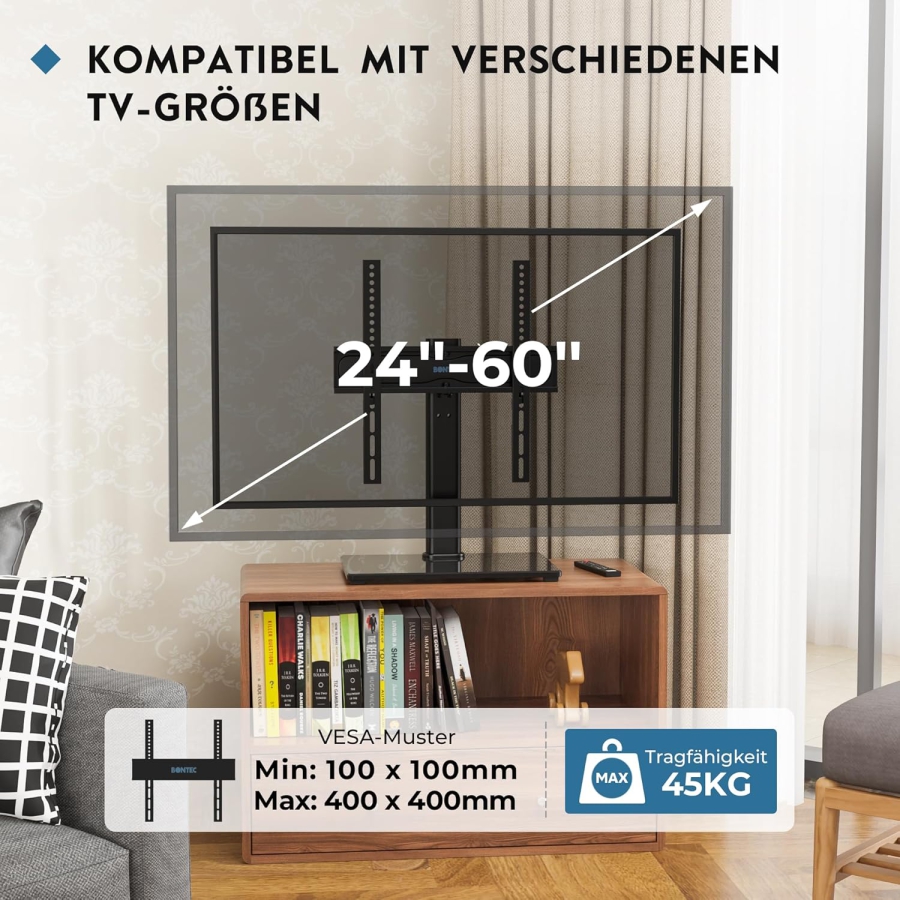 BONTEC Universal TV Ständer für 24–60 Zoll Fernseher (Schwenkbar & Höhenverstellbar) (Stabiler Fernsehständer mit 8mm Sicherheitsglasboden für TVs bis 45 kg – VESA max. 400x400 mm)