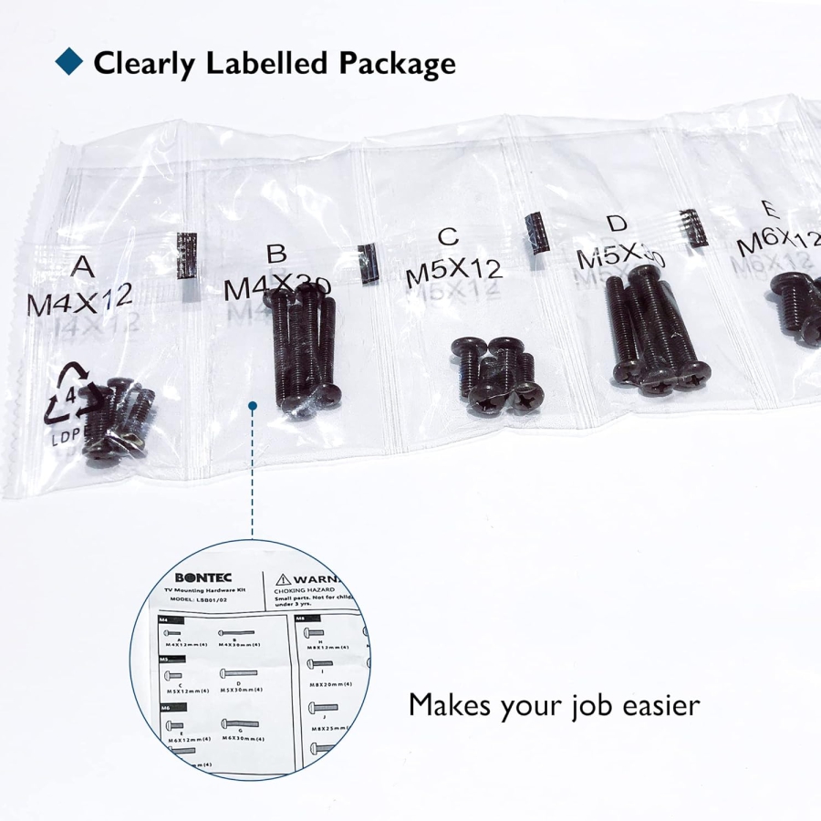 BONTEC Universal VESA Schrauben Set für Fernseher bis 80 Zoll (M4, M5, M6, M8) (Komplettes Montage-Kit für Wandhalterungen & Ständer – Inkl. Abstandshalter & Unterlegscheiben)