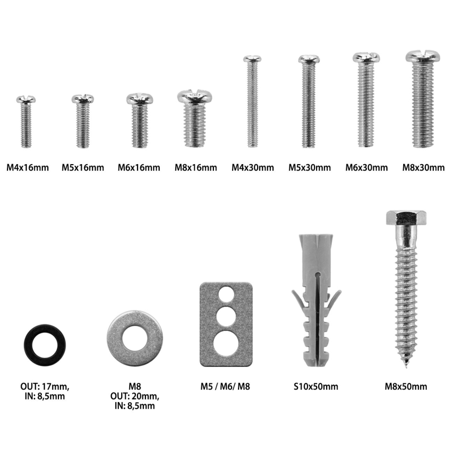 deleyCON 66-tlg. Universal VESA Schraubenset für TV & Wandhalterung (M4, M5, M6, M8) (Komplettes Befestigungsmaterial inkl. Dübel, Wandschrauben & Abstandshalter für alle gängigen Fernseher)