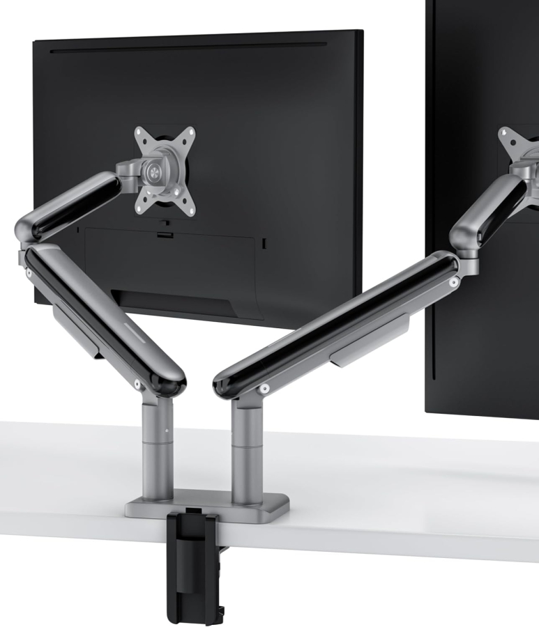 Desktronic Doppelte Monitor Halterung für 2 Bildschirme bis 32 Zoll & 8 kg (Platzsparendes Design (Wandnah) – 360° Drehbar, Höhenverstellbar & Robuste Stahl-Konstruktion.)