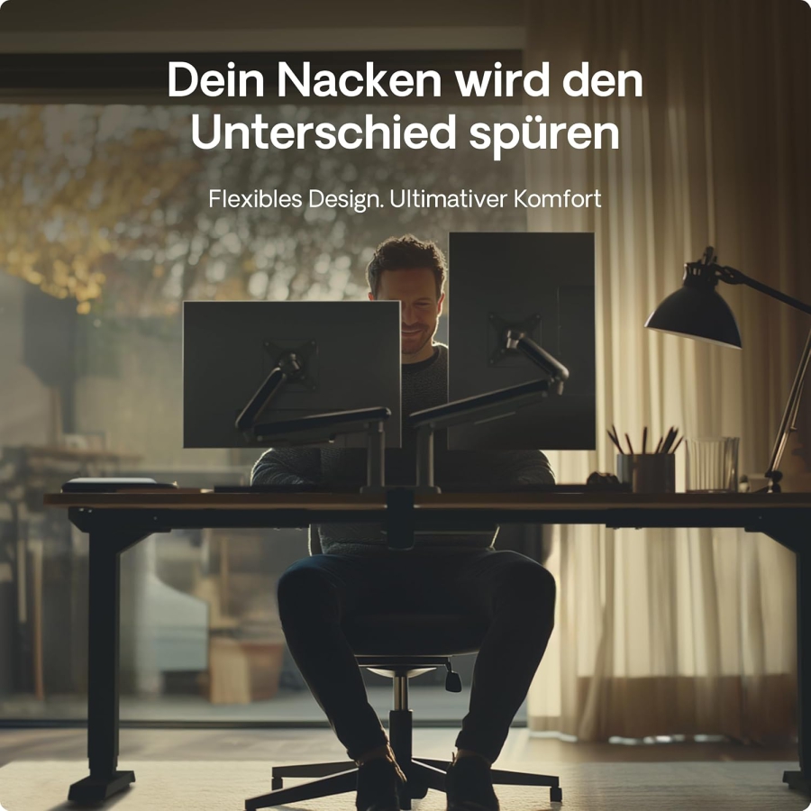 Desktronic Doppelte Monitor Halterung für 2 Bildschirme bis 32 Zoll & 8 kg (Platzsparendes Design (Wandnah) – 360° Drehbar, Höhenverstellbar & Robuste Stahl-Konstruktion.)