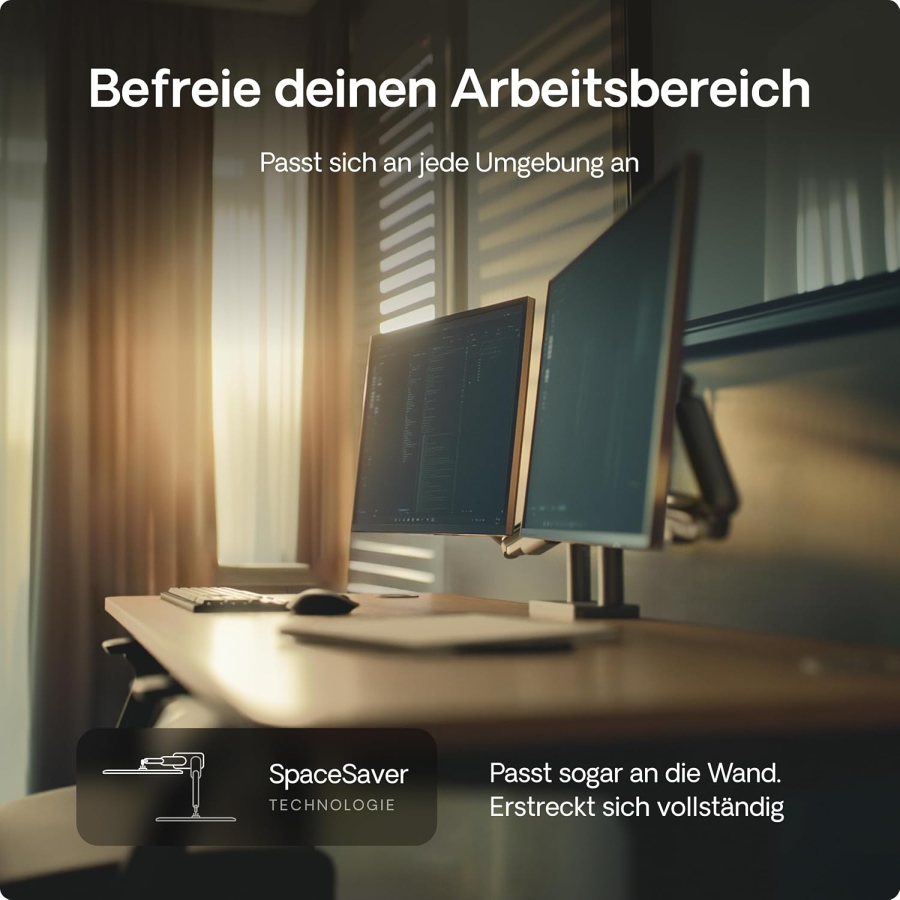 Desktronic Doppelte Monitor Halterung für 2 Bildschirme bis 32 Zoll & 8 kg (Platzsparendes Design (Wandnah) – 360° Drehbar, Höhenverstellbar & Robuste Stahl-Konstruktion.)