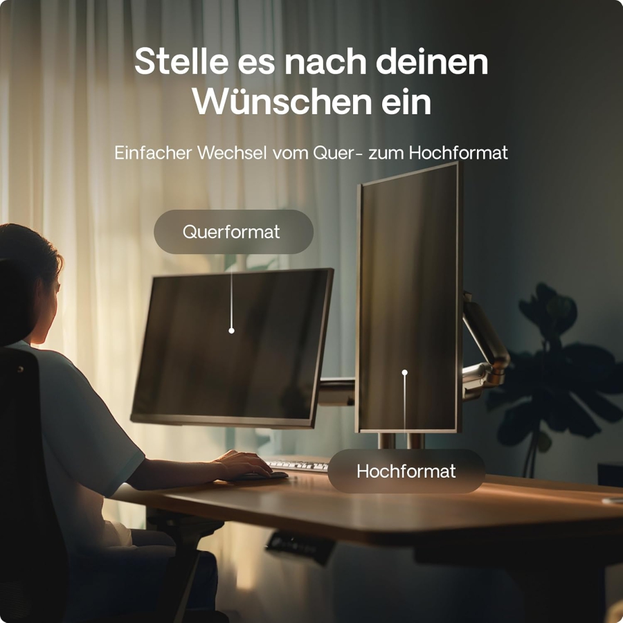 Desktronic Doppelte Monitor Halterung für 2 Bildschirme bis 32 Zoll & 8 kg (Platzsparendes Design (Wandnah) – 360° Drehbar, Höhenverstellbar & Robuste Stahl-Konstruktion.)
