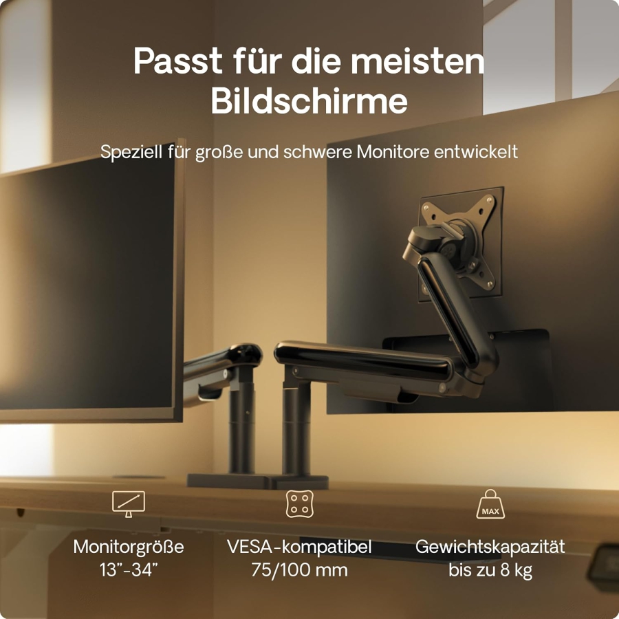Desktronic Doppelte Monitor Halterung für 2 Bildschirme bis 32 Zoll & 8 kg (Platzsparendes Design (Wandnah) – 360° Drehbar, Höhenverstellbar & Robuste Stahl-Konstruktion.)