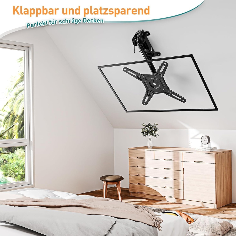 ELIVED TV & Monitor Deckenhalterung Klappbar für 14–42 Zoll (EV3030) (Platzsparende Unterbau-Halterung für Schränke, Wohnwagen & Dachschrägen – Höhenverstellbar & Drehbar bis 10 kg.)