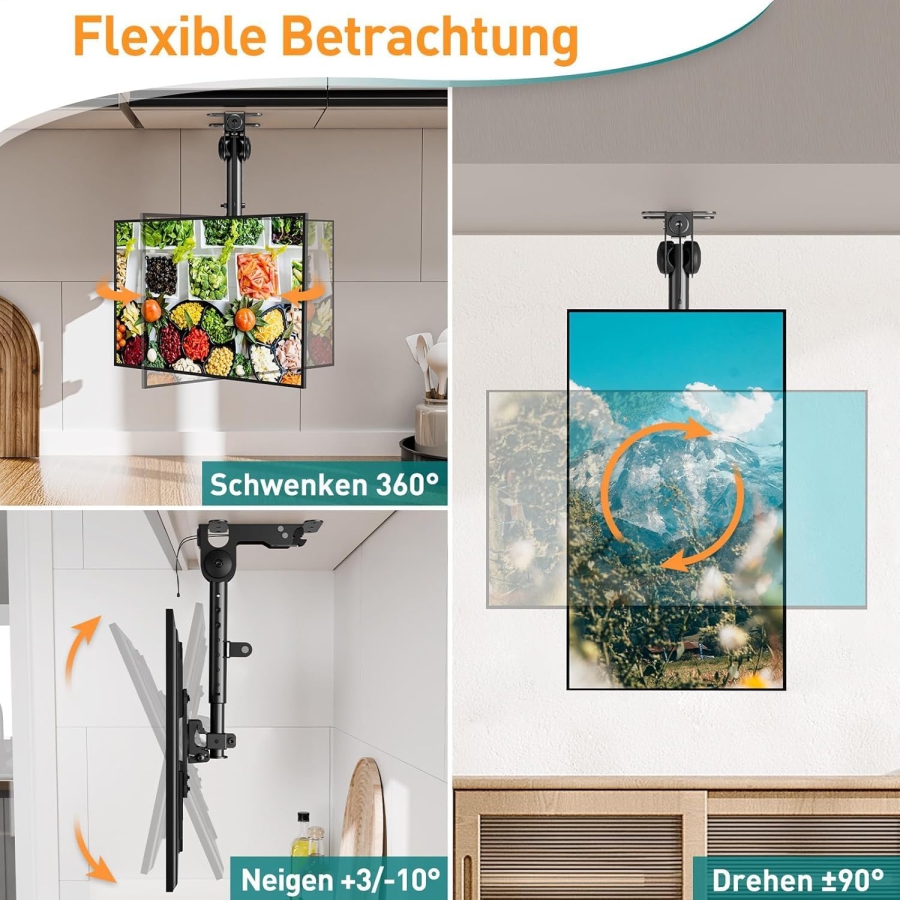 ELIVED TV & Monitor Deckenhalterung Klappbar für 14–42 Zoll (EV3030) (Platzsparende Unterbau-Halterung für Schränke, Wohnwagen & Dachschrägen – Höhenverstellbar & Drehbar bis 10 kg.)