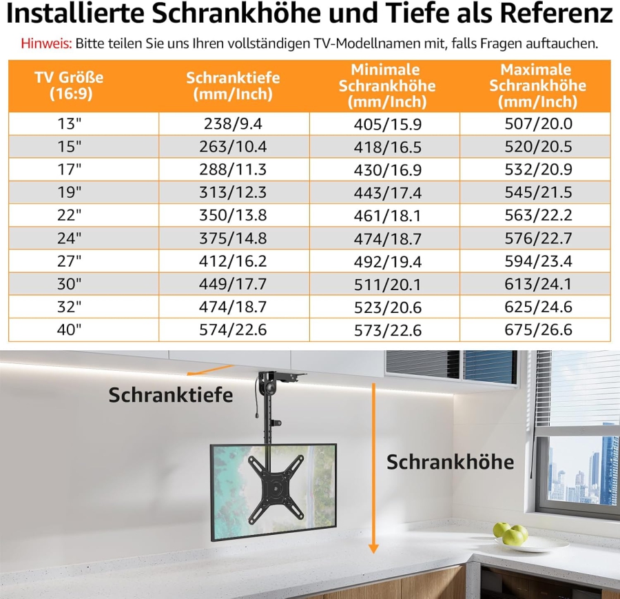 ELIVED TV & Monitor Deckenhalterung Klappbar für 14–42 Zoll (EV3030) (Platzsparende Unterbau-Halterung für Schränke, Wohnwagen & Dachschrägen – Höhenverstellbar & Drehbar bis 10 kg.)