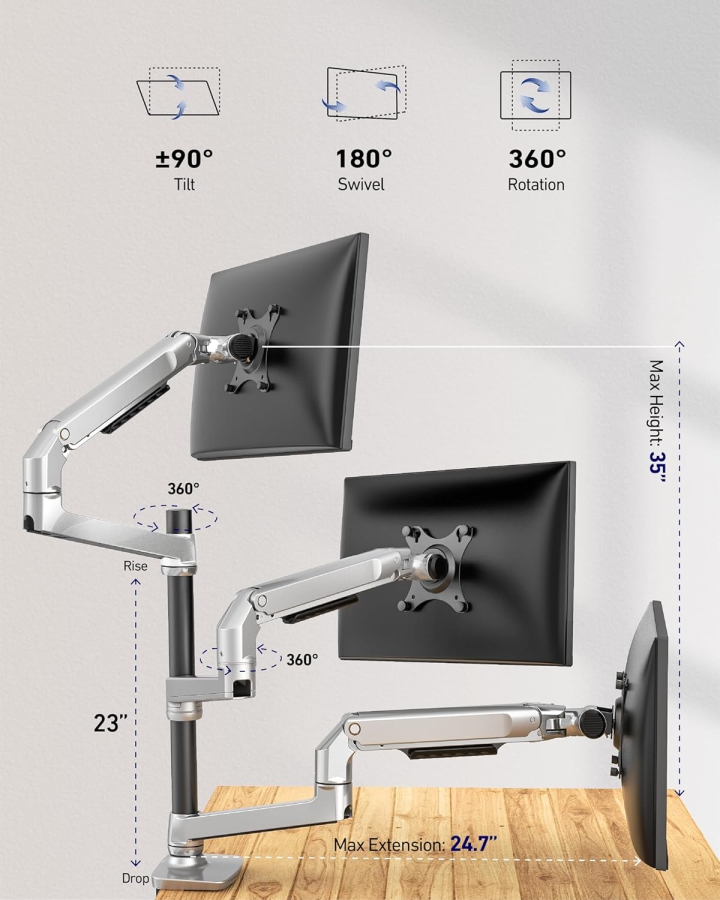 Ergounion 3-fach Monitor Halterung (Aluminium) für 13–40 Zoll (Premium Tischhalterung für drei Monitore bis je 11,3 kg – Mit langlebiger mechanischer Feder.)
