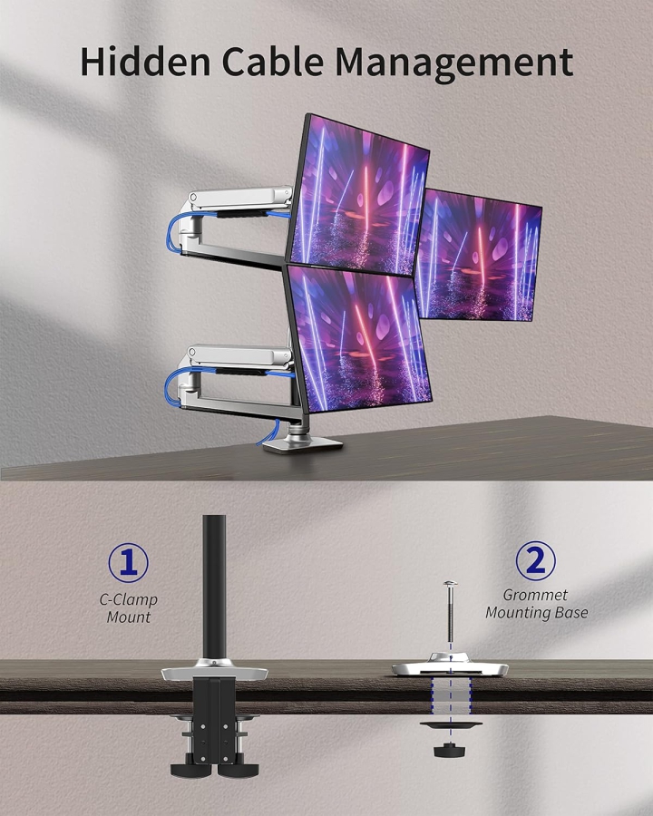 Ergounion 3-fach Monitor Halterung (Aluminium) für 13–40 Zoll (Premium Tischhalterung für drei Monitore bis je 11,3 kg – Mit langlebiger mechanischer Feder.)
