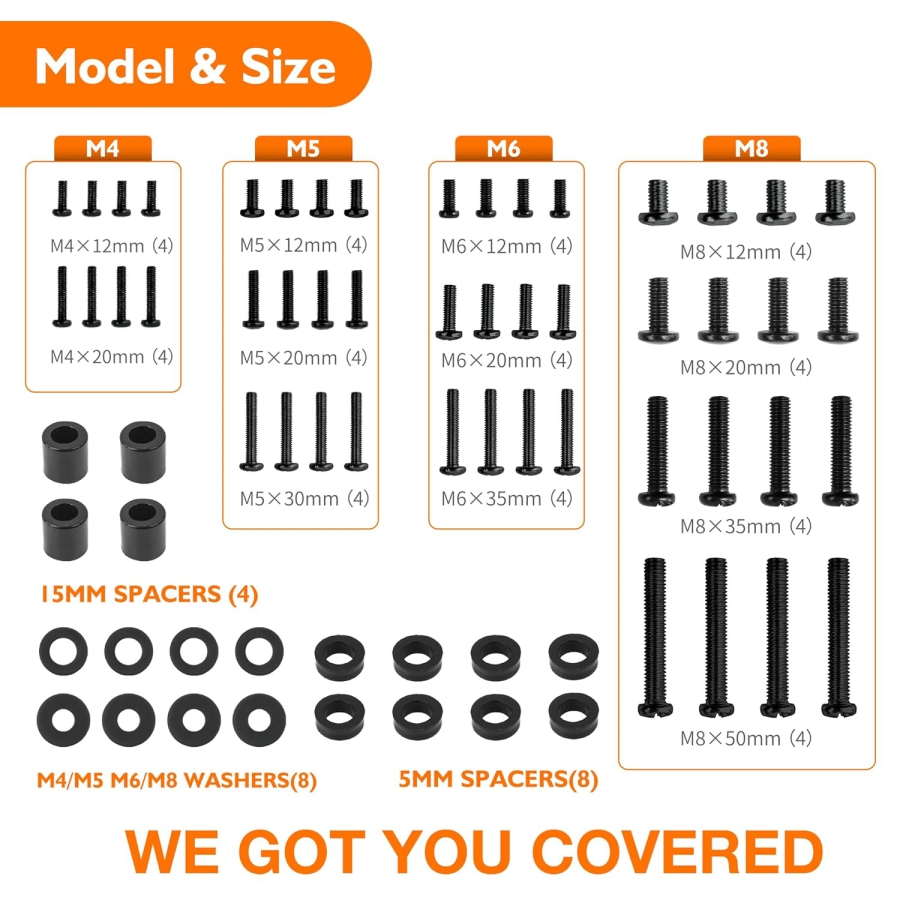 GINKGO Universal VESA Schrauben Set für TV & Monitor (M4, M5, M6, M8) (68-teiliges Montage-Kit für Wandhalterungen & Ständer – Kompatibel bis 80 Zoll.)