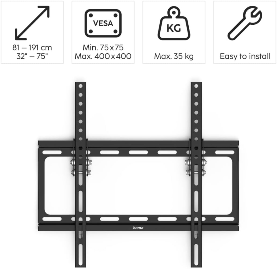 Hama TV Wandhalterung Neigbar für 32-75 Zoll Fernseher (VESA 400x400) (Ultraflache Fernsehhalterung (2,4 cm Wandabstand) – Stufenlos 10° neigbar, bis 35 kg Traglast.)
