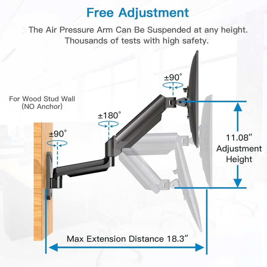 HUANUO Monitor Wandhalterung (17–32 Zoll) mit 360° Gasdruckfeder Arm (Premium-Aluminium-Konstruktion für langanhaltenden ergonomischen Komfort und eine aufgeräumte Workstation.)