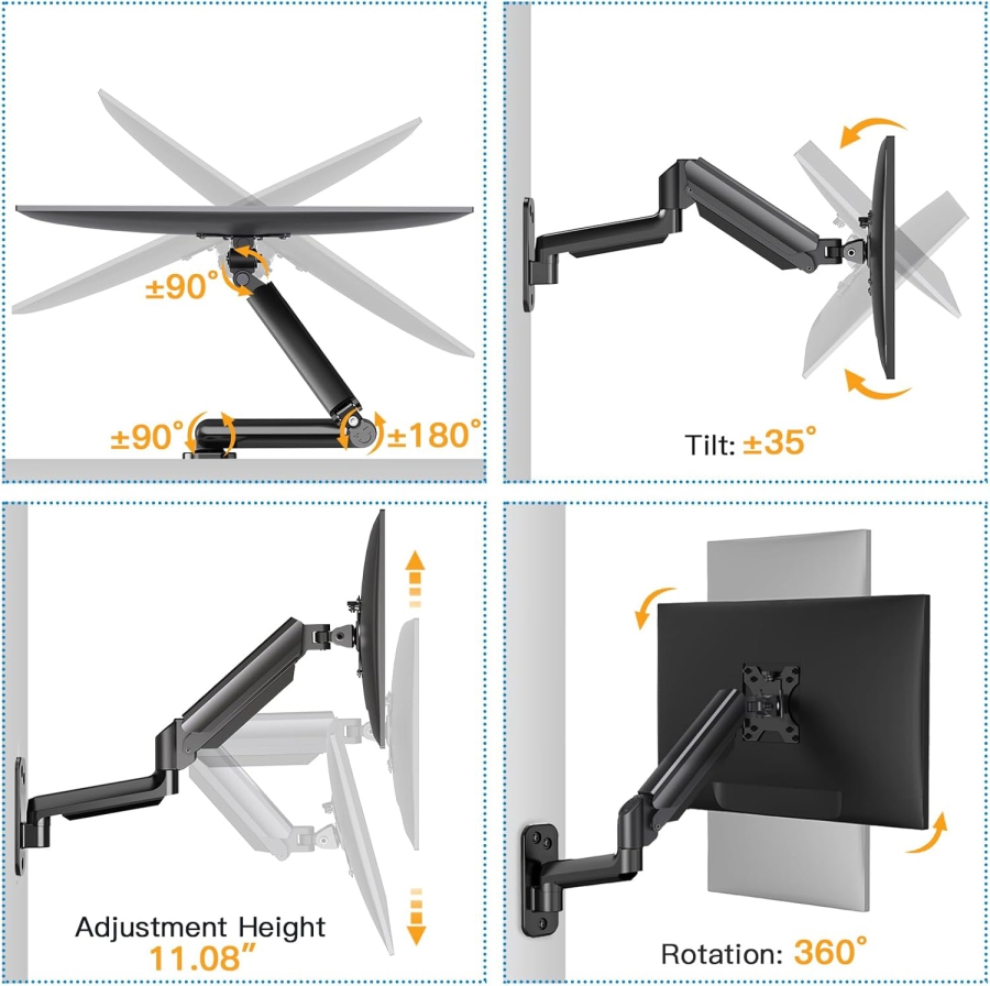 HUANUO Monitor Wandhalterung (17–32 Zoll) mit 360° Gasdruckfeder Arm (Premium-Aluminium-Konstruktion für langanhaltenden ergonomischen Komfort und eine aufgeräumte Workstation.)