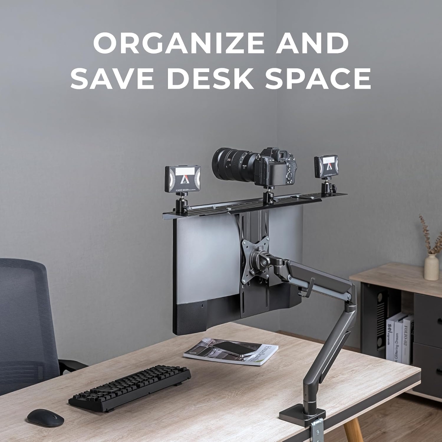 HumanCentric DSLR-Monitorhalterung – VESA Kamera-Regal für Monitor & Arm (Professionelle Ablage für Webcam, Licht & Mikrofon – Platzsparender Ersatz für Klemmstative.)