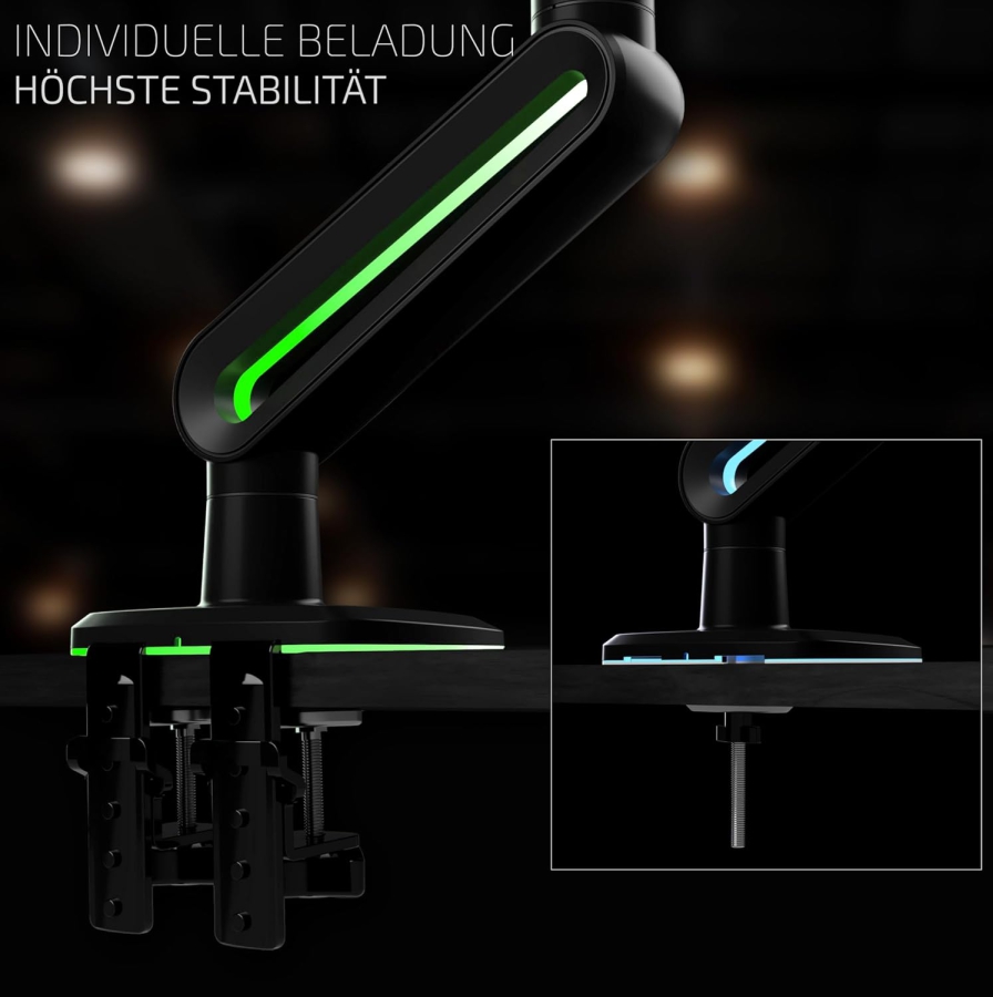 Invision Vortex RGB Gaming Monitorhalterung für 27–57 Zoll (VR200) (Das ultimative Upgrade für Ihre Battle-Station: Heavy Duty Arm bis 18 kg mit immersiver RGB-Beleuchtung.)