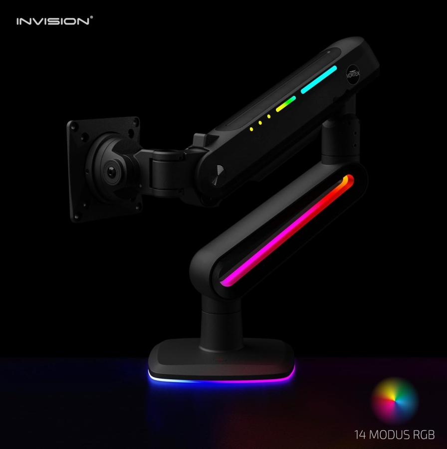 Invision Vortex RGB Gaming Monitorhalterung für 27–57 Zoll (VR200) (Das ultimative Upgrade für Ihre Battle-Station: Heavy Duty Arm bis 18 kg mit immersiver RGB-Beleuchtung.)