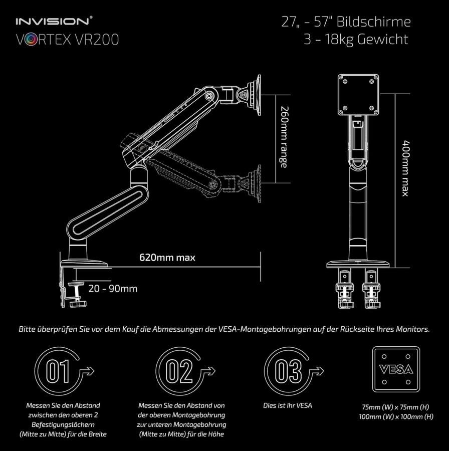 Invision Vortex RGB Gaming Monitorhalterung für 27–57 Zoll (VR200) (Das ultimative Upgrade für Ihre Battle-Station: Heavy Duty Arm bis 18 kg mit immersiver RGB-Beleuchtung.)
