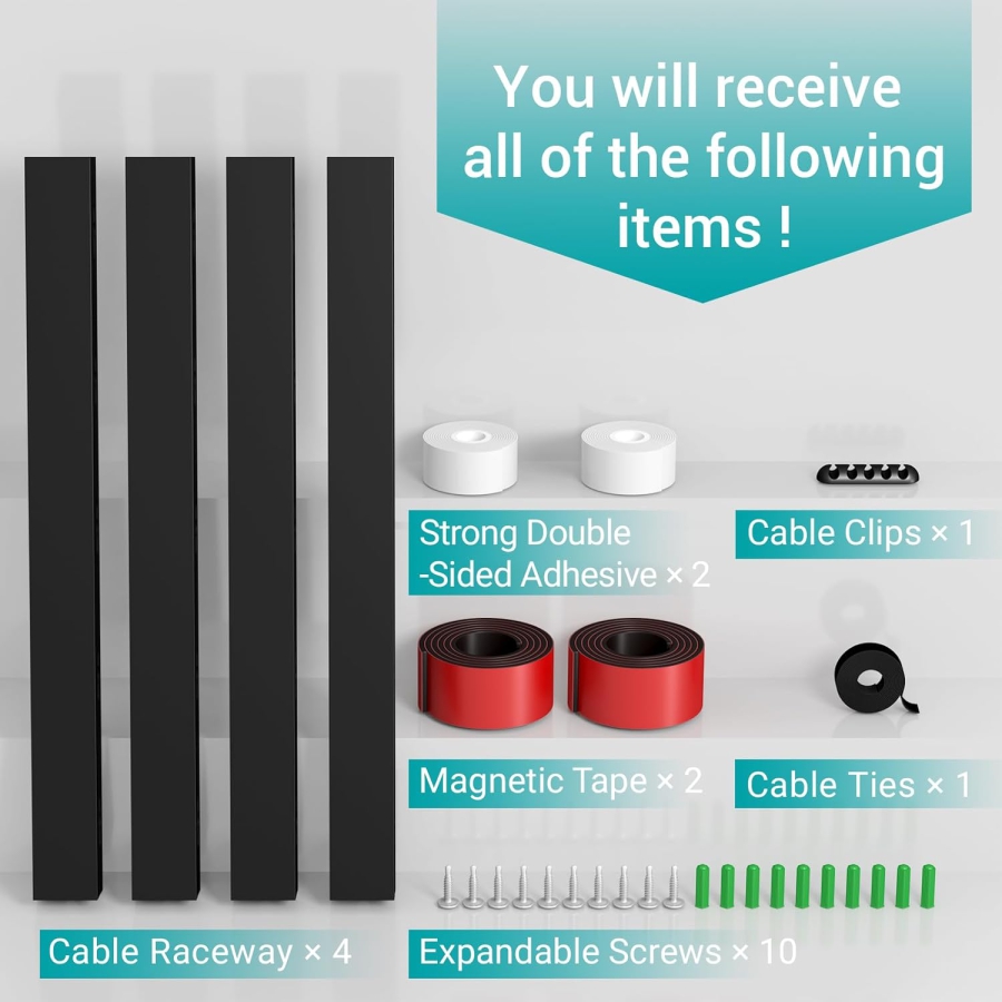 Magnetic Kabelkanal Schwarz 4er Set für Schreibtisch & TV (4x 40cm) (Innovatives Kabelmanagement: Magnetisch, Selbstklebend oder Schraubbar – Mit verbesserten großen Löchern.)