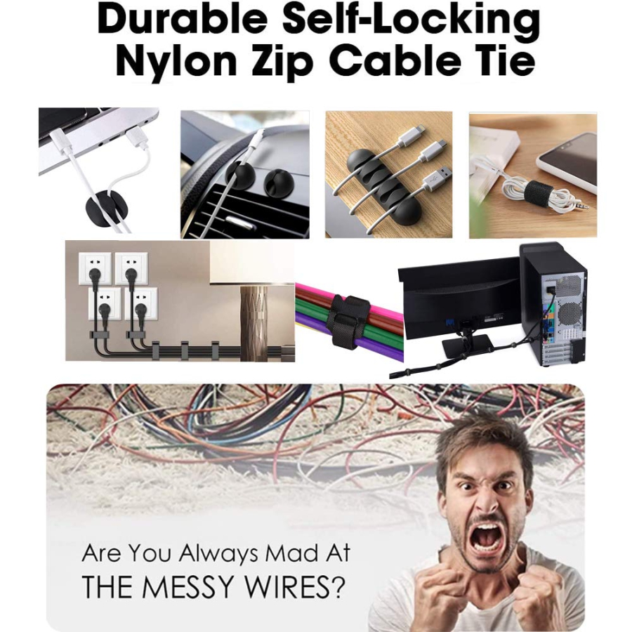 MiuCo Kabelmanagement Schreibtisch Kit (100-teilig) – Der ultimative Organizer (Komplett-Set mit 50 Klettbindern, 40 Clips & 10 Silikonhaltern – Selbstklebend & Rückstandsfrei.)