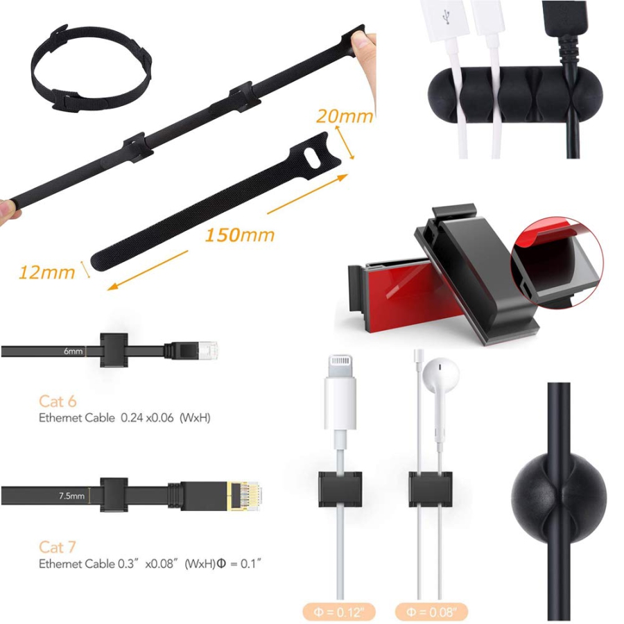 MiuCo Kabelmanagement Schreibtisch Kit (100-teilig) – Der ultimative Organizer (Komplett-Set mit 50 Klettbindern, 40 Clips & 10 Silikonhaltern – Selbstklebend & Rückstandsfrei.)