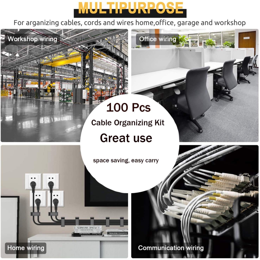 MiuCo Kabelmanagement Schreibtisch Kit (100-teilig) – Der ultimative Organizer (Komplett-Set mit 50 Klettbindern, 40 Clips & 10 Silikonhaltern – Selbstklebend & Rückstandsfrei.)