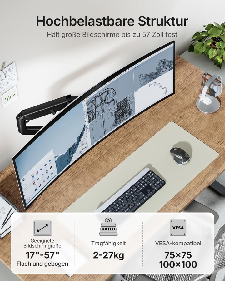 monTEK Monitor Halterung 1 Monitor für 17-57" Monitore, bis 27kg, extreme Traglast, für Gaming Monitore