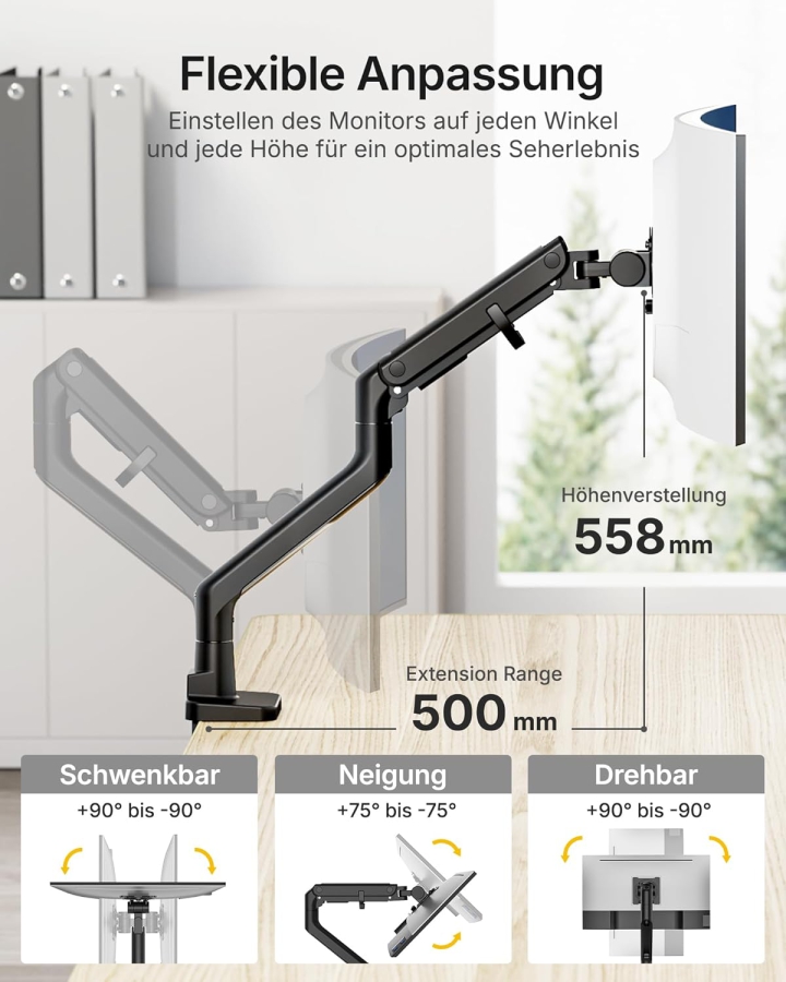 monTEK Monitor Halterung 1 Monitor für 17-57" Monitore, bis 27kg, extreme Traglast, für Gaming Monitore