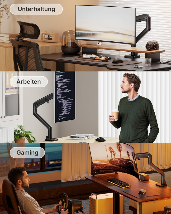 monTEK Monitor Halterung 1 Monitor für 17-57" Monitore, bis 27kg, extreme Traglast, für Gaming Monitore